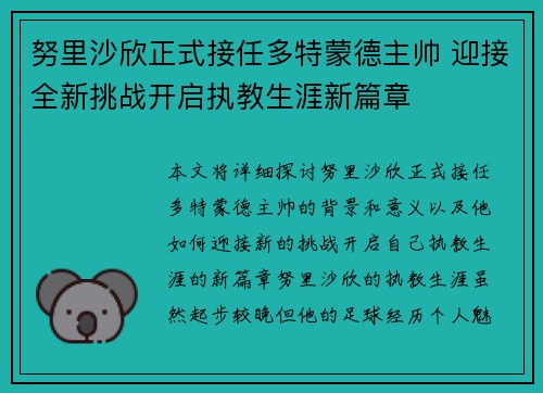努里沙欣正式接任多特蒙德主帅 迎接全新挑战开启执教生涯新篇章