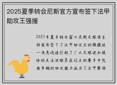 2025夏季转会尼斯官方宣布签下法甲助攻王强援 2025夏季转会尼斯官方宣布签下法甲助攻王强援