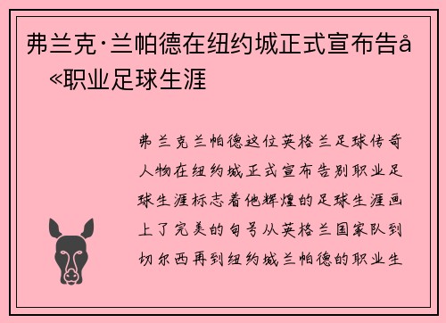弗兰克·兰帕德在纽约城正式宣布告别职业足球生涯 弗兰克·兰帕德在纽约城正式宣布告别职业足球生涯